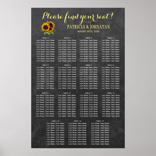 Tableau de sièges mariage de tournesol rustique (Devant)