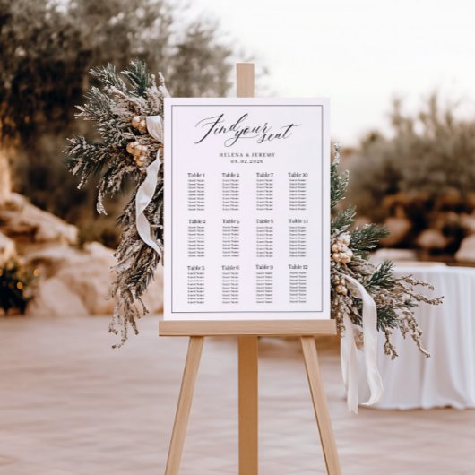 Tableau de sièges Mariage noir et blanc avec scrip