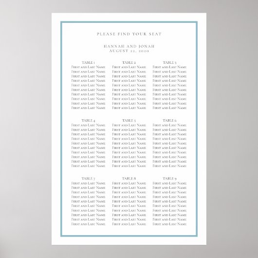 Tableau de sièges Mariage simple bleu et blanc (Devant)