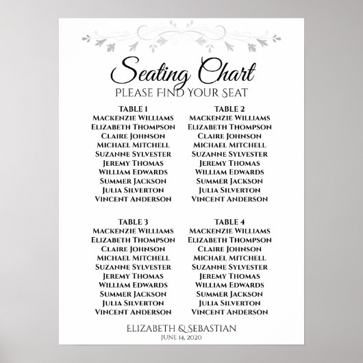 Tableau de sièges Mariage simple en noir et blanc (Devant)