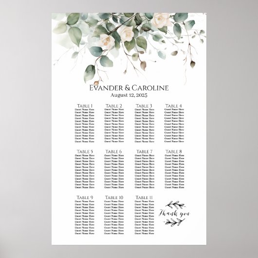 Tableau de sièges mariage vert et rose 11 tables (Devant)