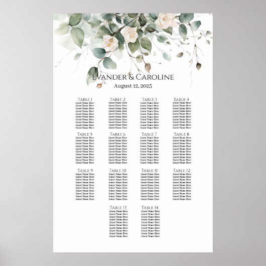 Tableau de sièges mariage vert et rose 14 tables (Devant)