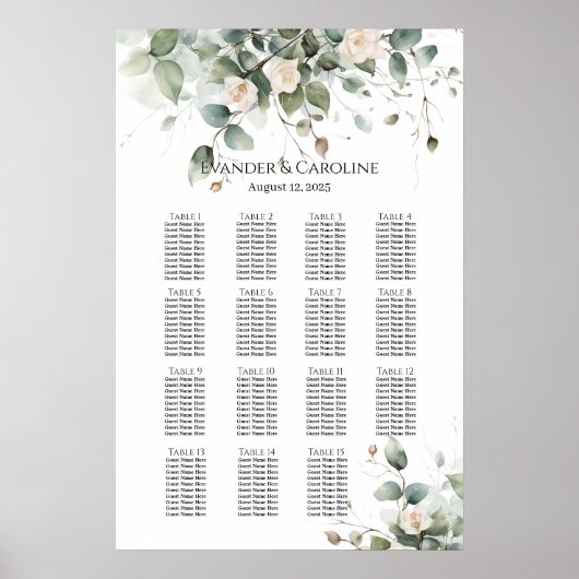 Tableau de sièges mariage vert et rose 15 tables (Devant)