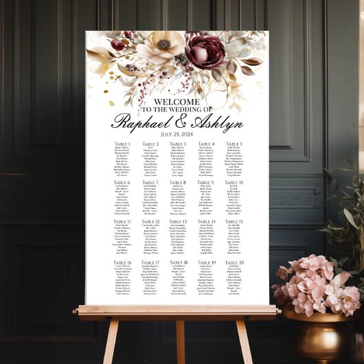 Tableau de sièges mariages 20 tables, pivoines bor