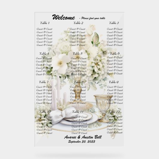 Tableau de sièges Roses blanches mariages (Recto)