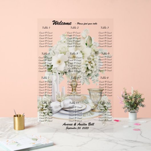 Tableau de sièges Roses blanches mariages (Mariage)