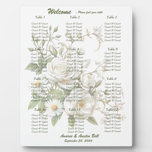 Tableau de sièges Roses blanches mariages Plaque f (Devant)