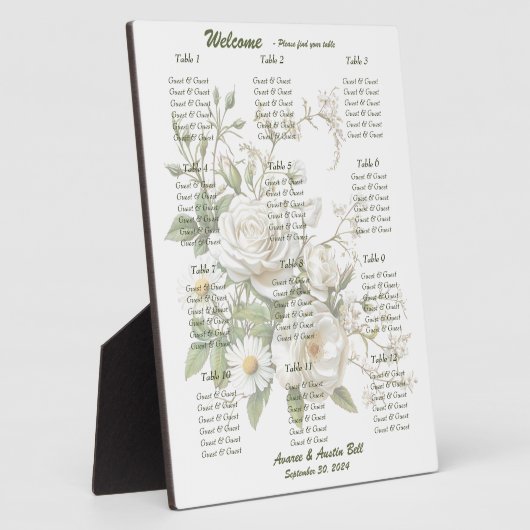 Tableau de sièges Roses blanches mariages Plaque f (Côté)