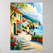 tableau de village sur plage falaise fleurs décoré (Devant)