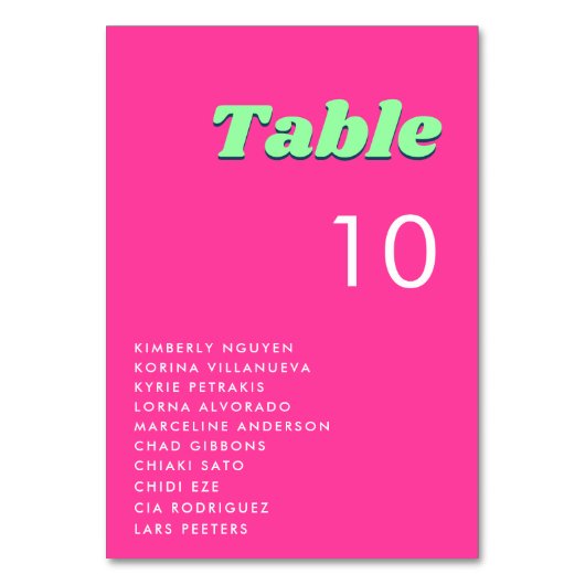 Tableau des numéros de table rose et vert rétrospe (Dos)