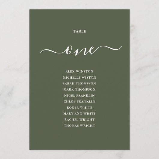 Tableau des numéros de table vert olive (Dos)