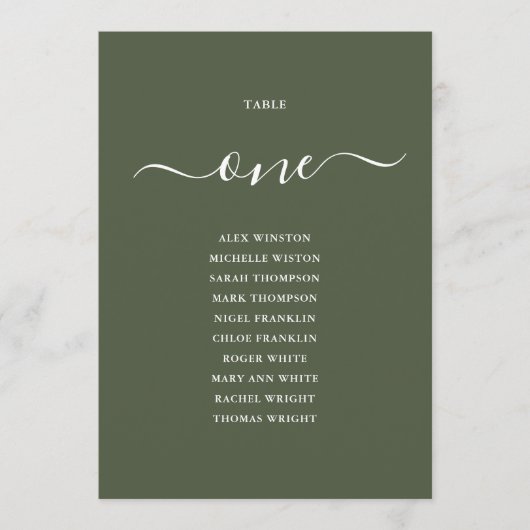 Tableau des numéros de table vert olive (Devant)