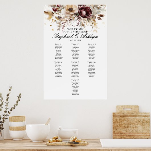 Tableau des sièges mariages 7 tables, pivoines bor (Cuisine)