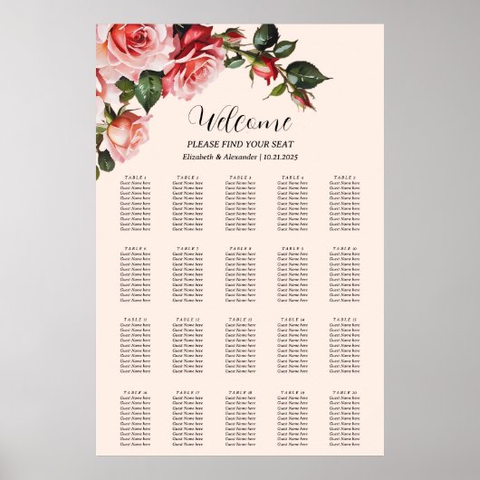 Tableau des sièges mariages rose pâle roses (Devant)