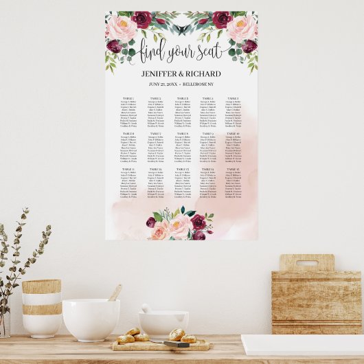 Tableau des sièges vert bordeaux rose pâle (Cuisine)