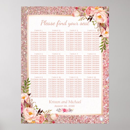 Tableau du plan de siège du Mariage rose Gold Flor (Devant)
