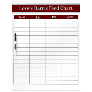 Tableau Effaçable À Sec 16 Horse Boarding Barn Feed Chart - Rouge + Argent