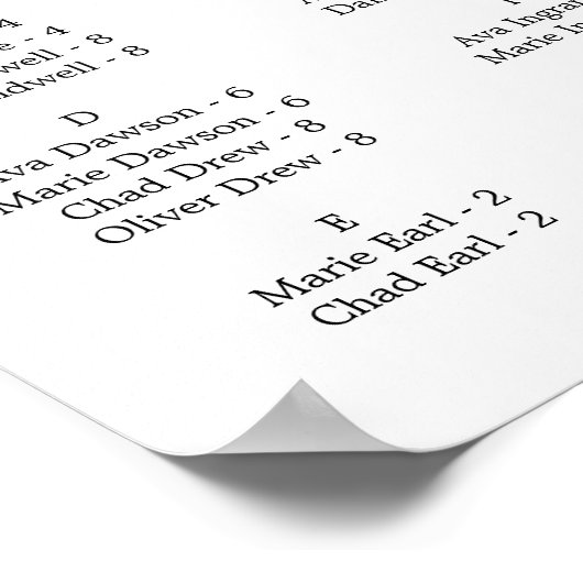 Tableau horizontal de sièges alphabétiques Boho Pa (Coin)