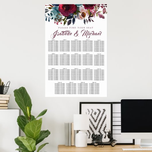 Tableau Mariage à 19 tables de fleurs rouges foncé (Bureau à domicile)