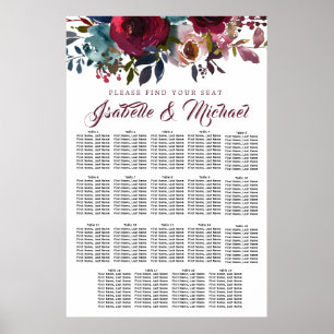 Tableau Mariage à 19 tables de fleurs rouges foncé