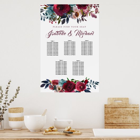 Tableau Mariage à 5 tables, Flore rouge foncé (Cuisine)