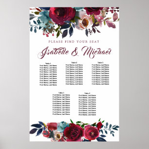 Tableau Mariage à 5 tables, Flore rouge foncé