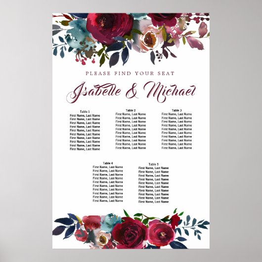 Tableau Mariage à 5 tables, Flore rouge foncé (Devant)