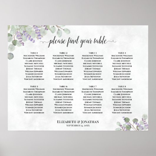 Tableau Mariage de table 8 Lavender Eucalyptus (Devant)