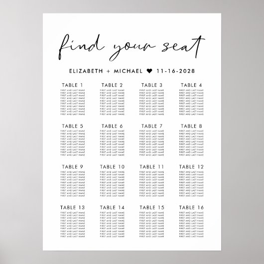 Tableau moderne des sièges Mariages de 16 tables (Devant)