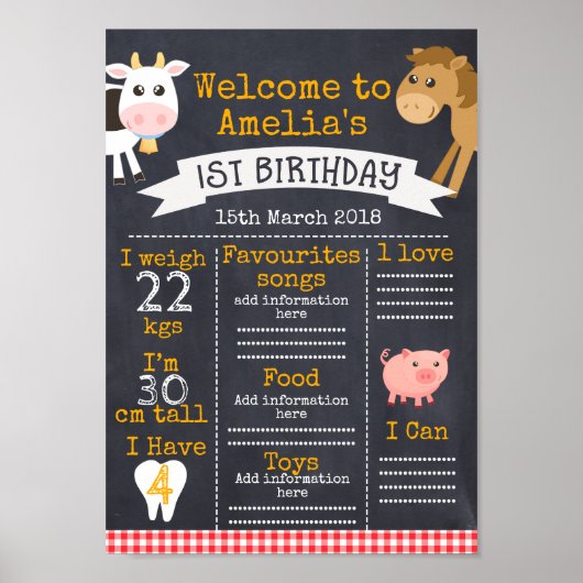 Tableau noir Barnyard Jalons 1er Anniversaire Post (Devant)