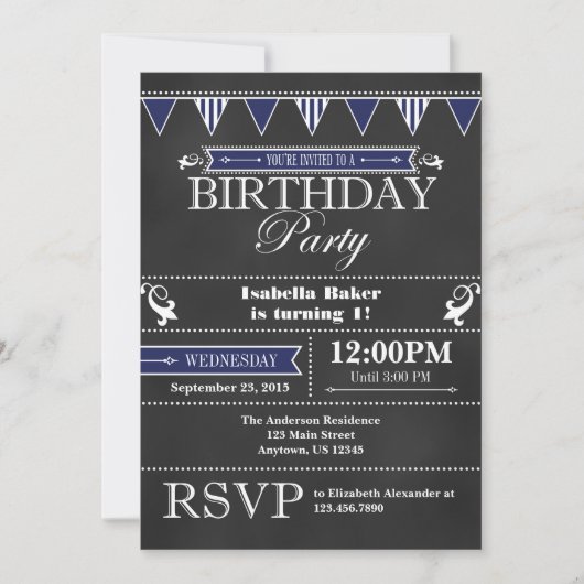 Tableau noir bleu marine Invitation d'anniversaire (Devant)