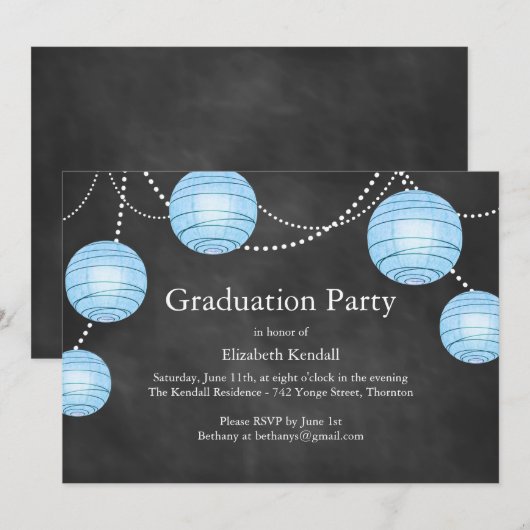 Tableau noir et lanternes bleues Invitation de gra (Devant / Derrière)