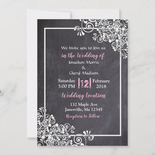 Tableau noir et rose Script de mariage Invitations (Devant)