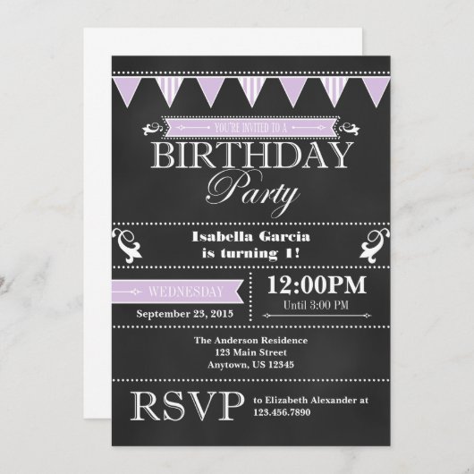 Tableau noir Lavender Invitation d'anniversaire (Devant / Derrière)