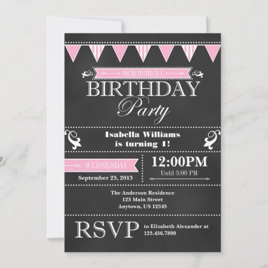 Tableau noir rose Invitation d'anniversaire (Devant)