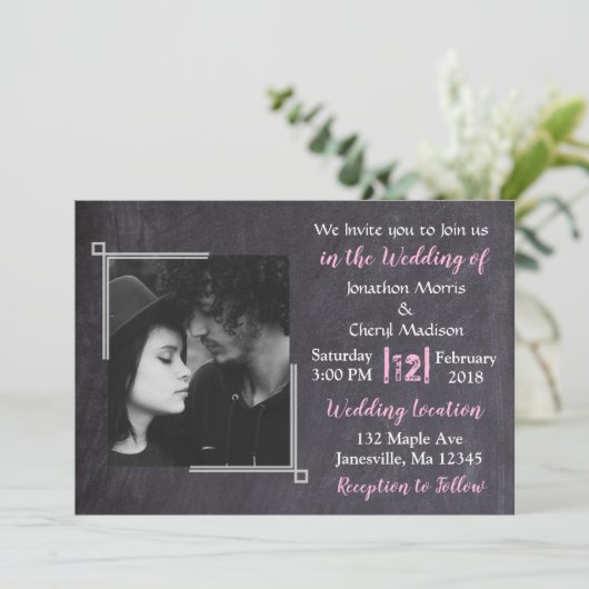 Tableau noir & rose Photo mariage Invitations (Debout devant)