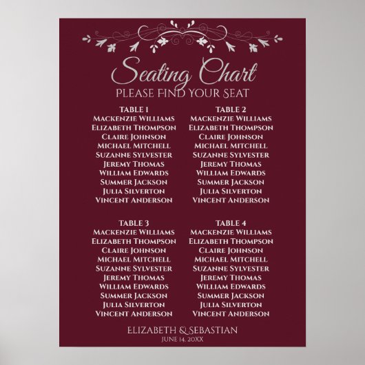 Tableau simple de sièges Mariage de 4 tables en Bo (Devant)