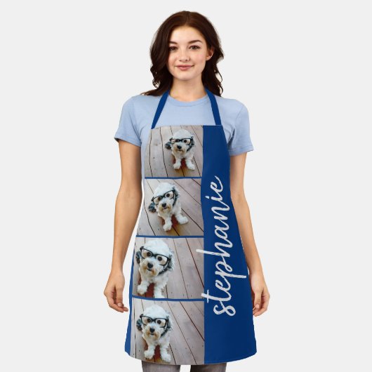 Tablier 4 Photo Collage - bleu avec nom de script blanc (Porté)