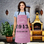 Tablier 80e anniversaire 1943 Dame noire rose<br><div class="desc">Un tablier rose classique personnalisé pour cette célébration d'anniversaire pour quelqu'un né en 1943 et ayant 80 ans. Ajoutez le nom à ce design vintage de style rétro rose, blanc et noir pour un cadeau personnalisé de 80 ans. Modifiez facilement le nom et l'année avec le modèle fourni. Un merveilleux...</div>