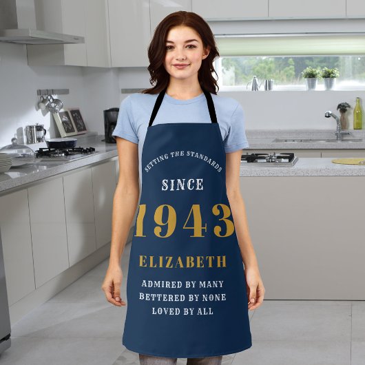 Tablier 80e anniversaire Né 1943 Bleu Gold Lady's Apron