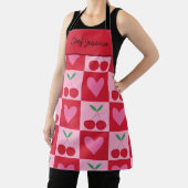 Tablier à damiers Cerises aux Coeurs Rose Nom personnalisé (Insitu)