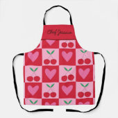 Tablier à damiers Cerises aux Coeurs Rose Nom personnalisé (Recto)