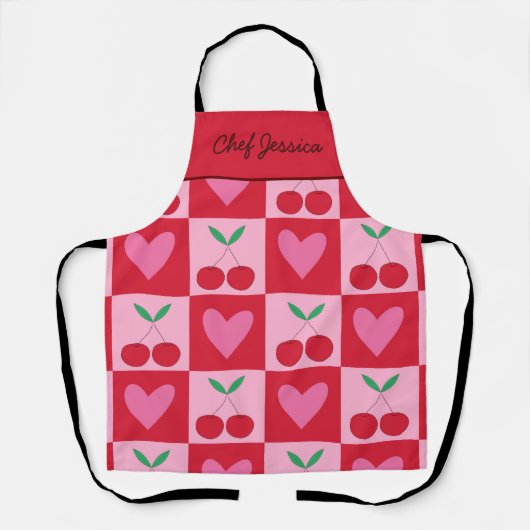 Tablier à damiers Cerises aux Coeurs Rose Nom personnalisé (Recto)