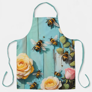 Tablier Abeilles affairées avec des roses roses et jaunes