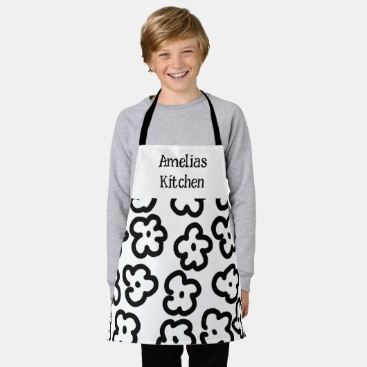 Tablier Abstrait moderne Floral noir et blanc (Porté)