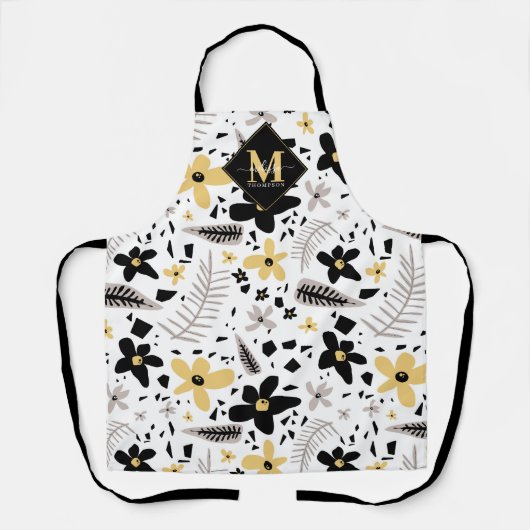 Tablier Abstrait noir gris jaune floral Monogramme (Recto)