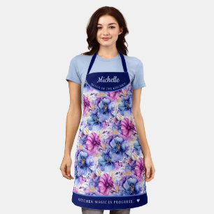 Tablier Abstrait rose violet fleuri joliment personnalisé