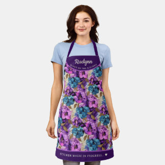 Tablier Abstrait rose violet fleuri joliment personnalisé
