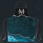 Tablier Agate de marbre bleu turquoise et argenté<br><div class="desc">Cet tablier dispose d'un élégant arrière - plan en marbre d'agate glamour avec des détails de gemstone de géode et des accents de parties scintillant faux argent. Le monogramme combine écriture manuscrite et polices sans serif modernes pour un look élégant et sophistiqué. Cela fera le cadeau idéal car il peut...</div>