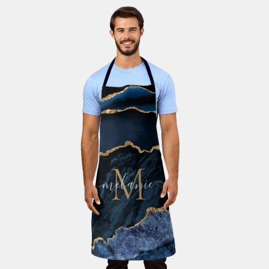 Tablier Agate Marine Bleu Marbre Or Monogramme Nom Apron (Porté)